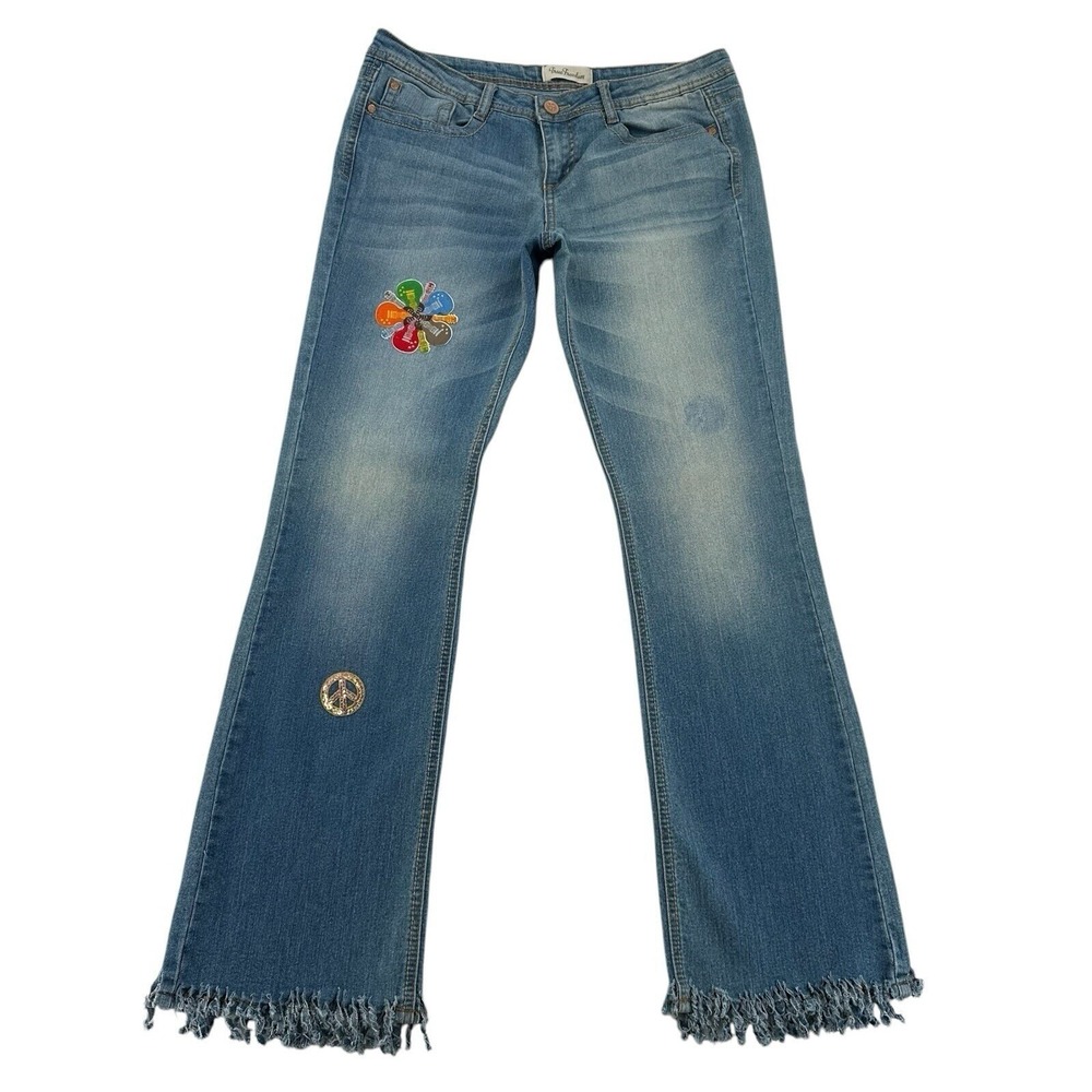 True Freedom Womens Flare Jeans Blue Guitar Peace Patch Frayed Hem 32 Hippie Y2K